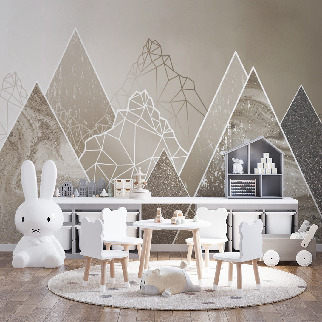 Kids Wall Murals Beige Fluid Mountains Sparkling Wallpaper for Kids