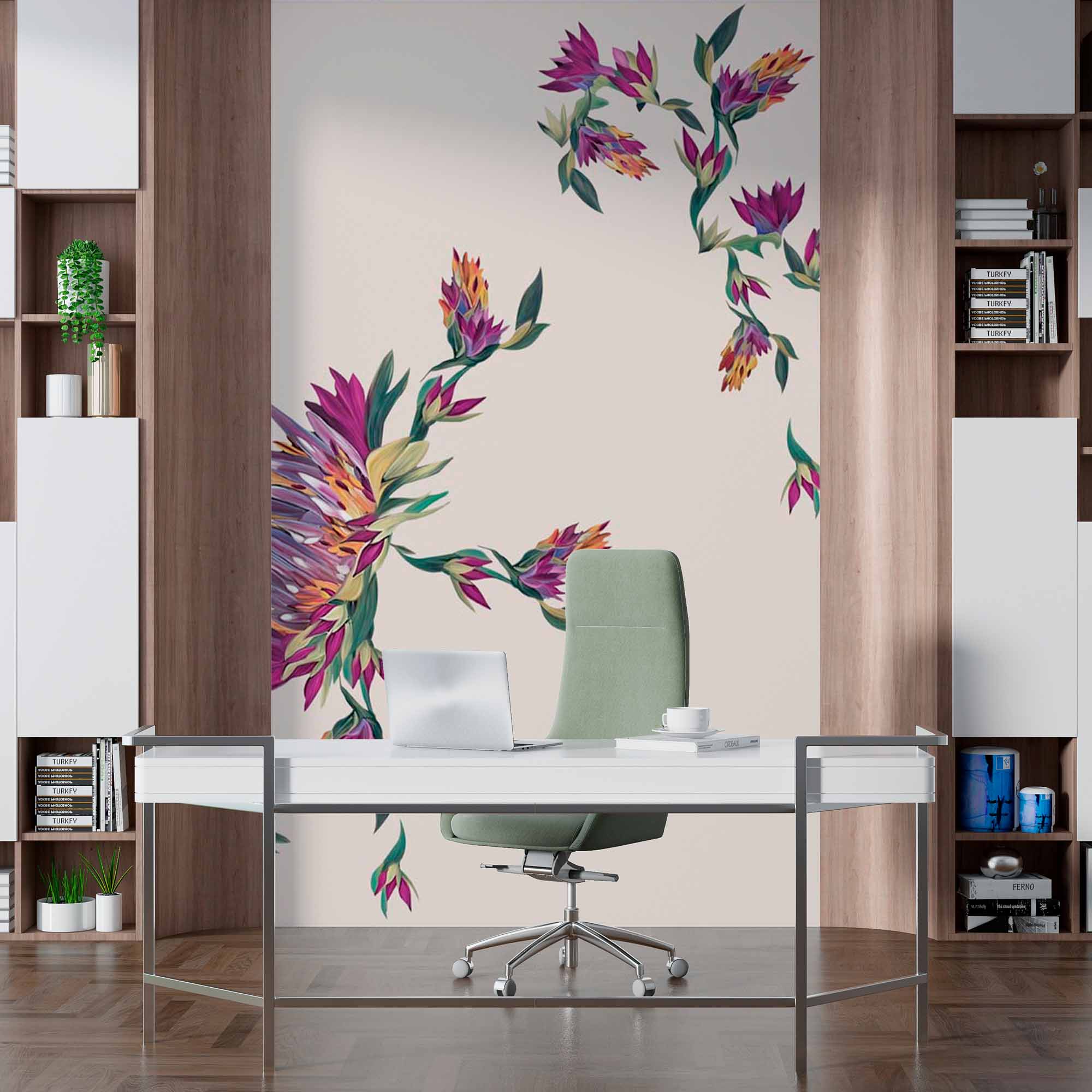 Minimalist Botanical Wall Mural Wallpaper with Vibrant Purple Flowers