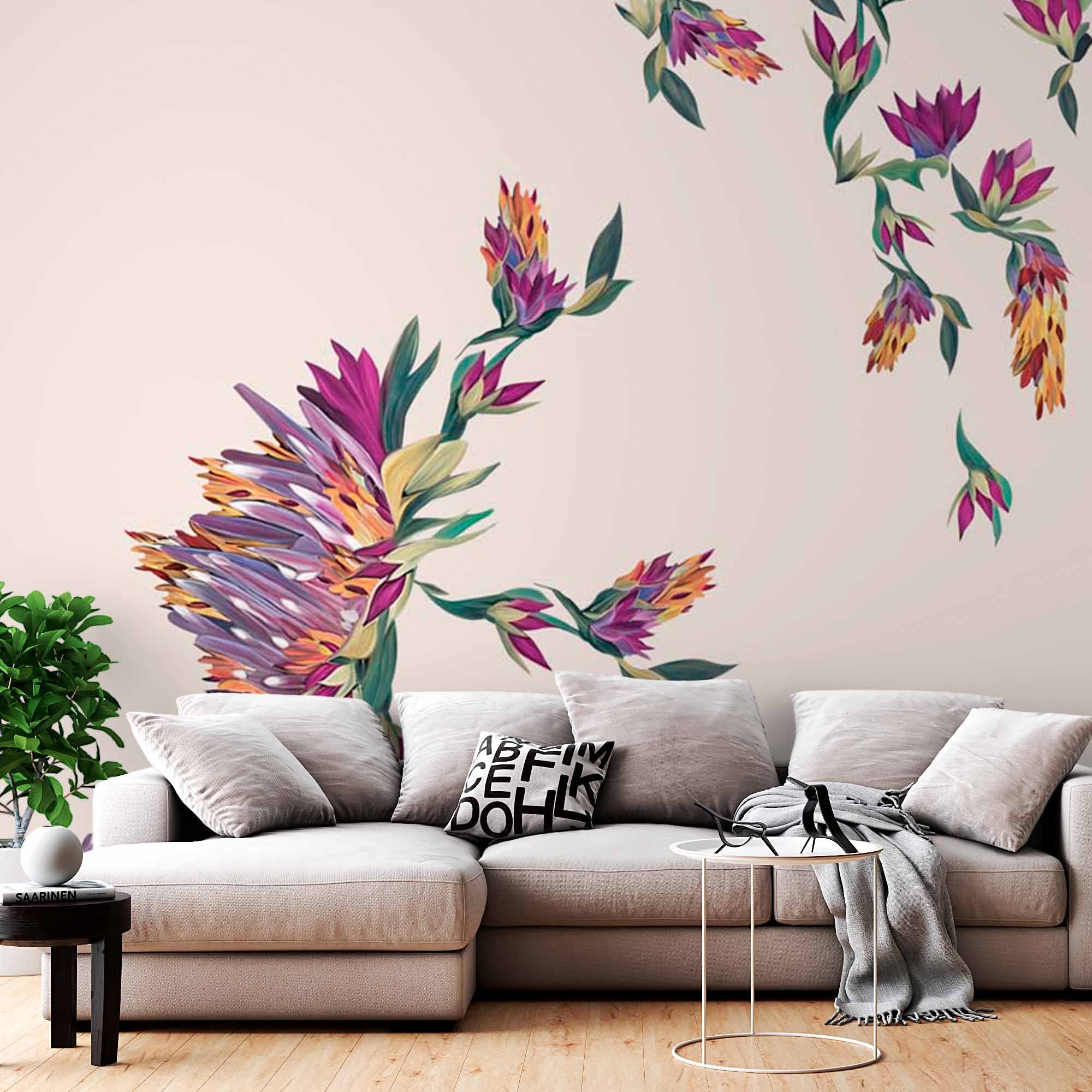 Minimalist Botanical Wall Mural Wallpaper with Vibrant Purple Flowers