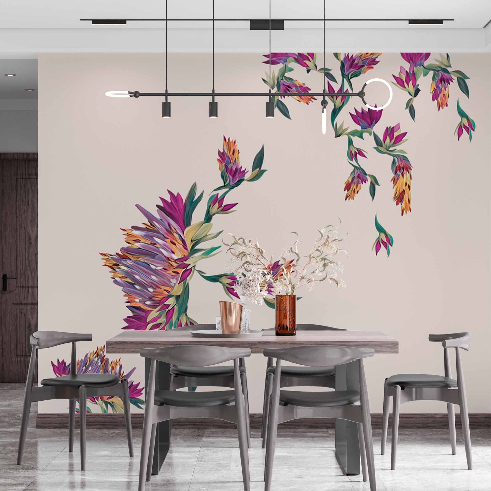 Minimalist Botanical Wall Mural Wallpaper with Vibrant Purple Flowers