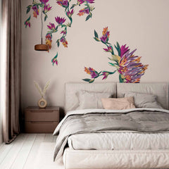 Custom Minimalist Botanical Wall Mural Wallpaper with Vibrant Purple Flowers