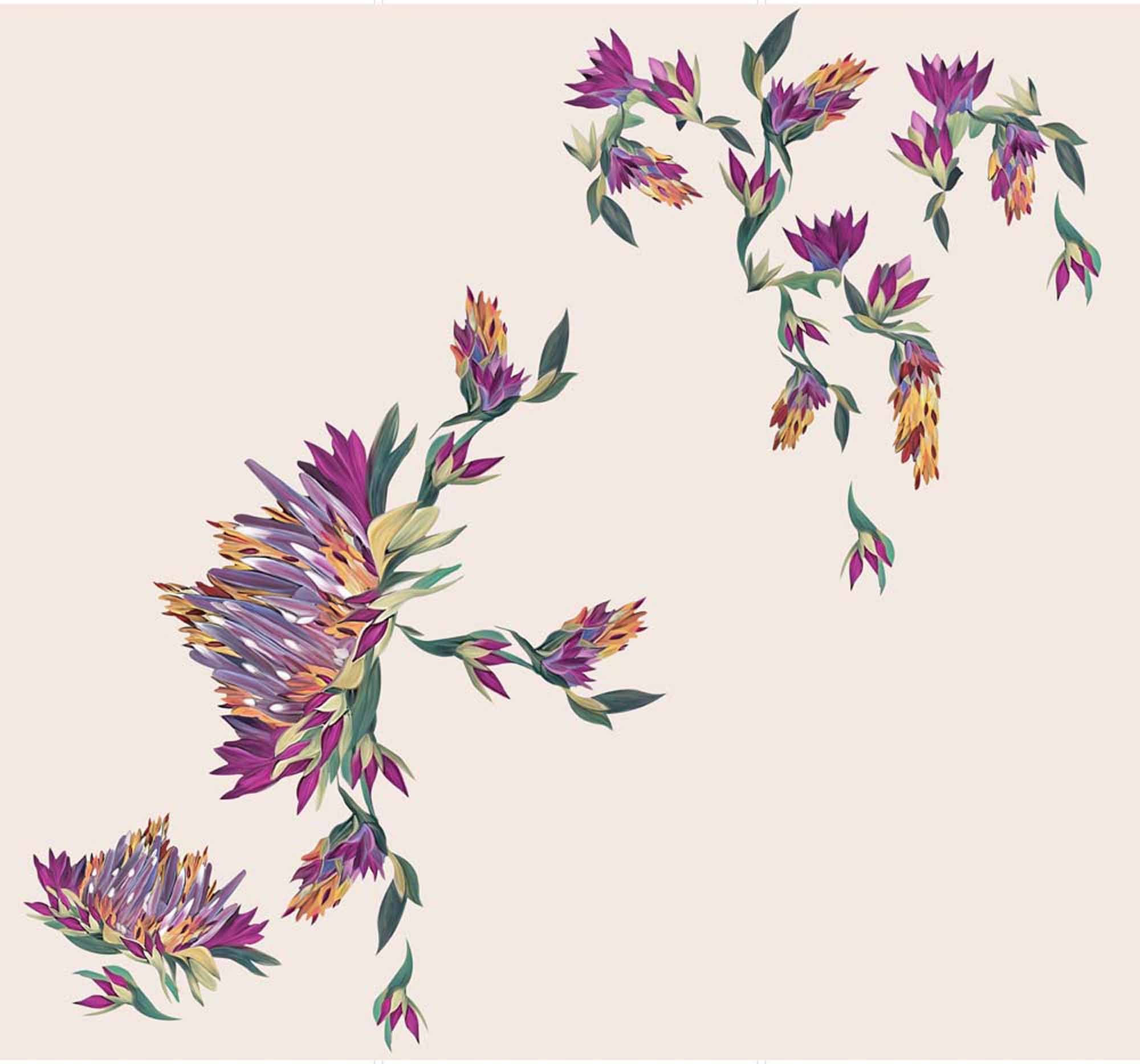 Minimalist Botanical Wall Mural Wallpaper with Vibrant Purple Flowers