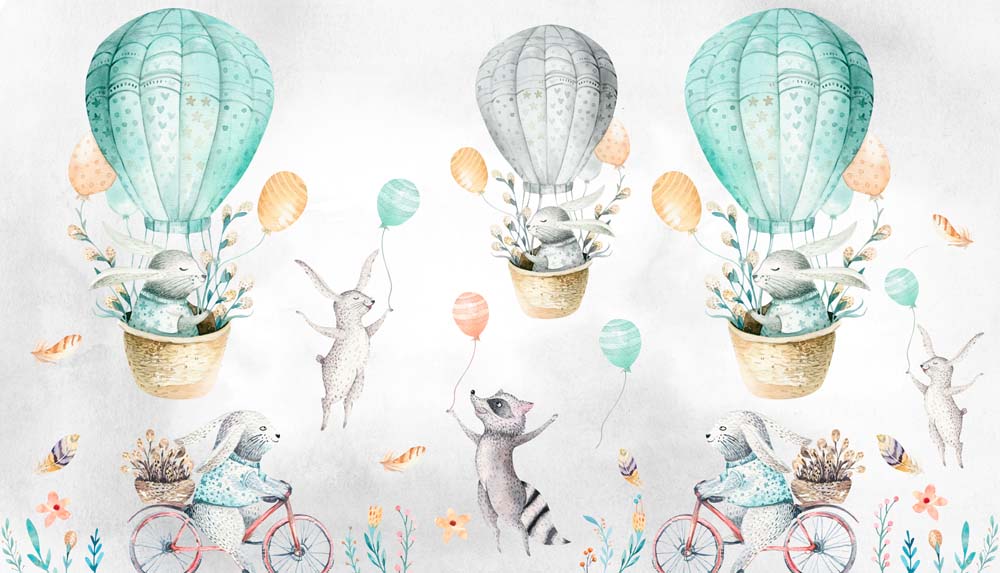 Kids Wall Mural Watercolor Forest Animals Turquoise Green Hot Air Balloons Wallpaper for Kids