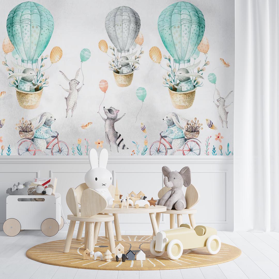 Kids Wall Mural Watercolor Forest Animals Turquoise Green Hot Air Balloons Wallpaper for Kids