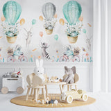 Kids Wall Mural Watercolor Forest Animals Turquoise Green Hot Air Balloons Wallpaper for Kids