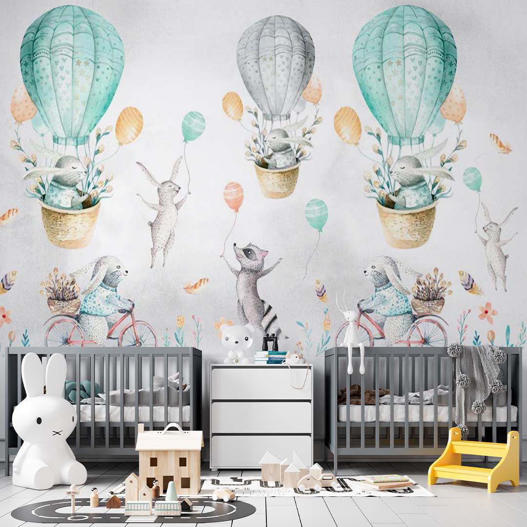 Kids Wall Mural Watercolor Forest Animals Turquoise Green Hot Air Balloons Wallpaper for Kids