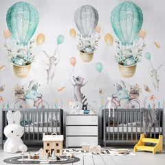 Custom "Kids Wall Mural Watercolor Forest Animals Turquoise Green Hot Air Balloons Wallpaper for Kids"