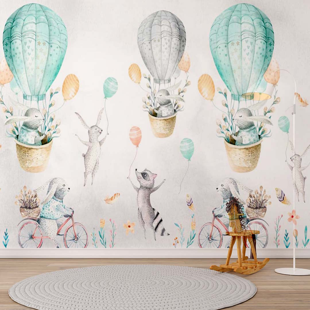 Custom "Kids Wall Mural Watercolor Forest Animals Turquoise Green Hot Air Balloons Wallpaper for Kids"