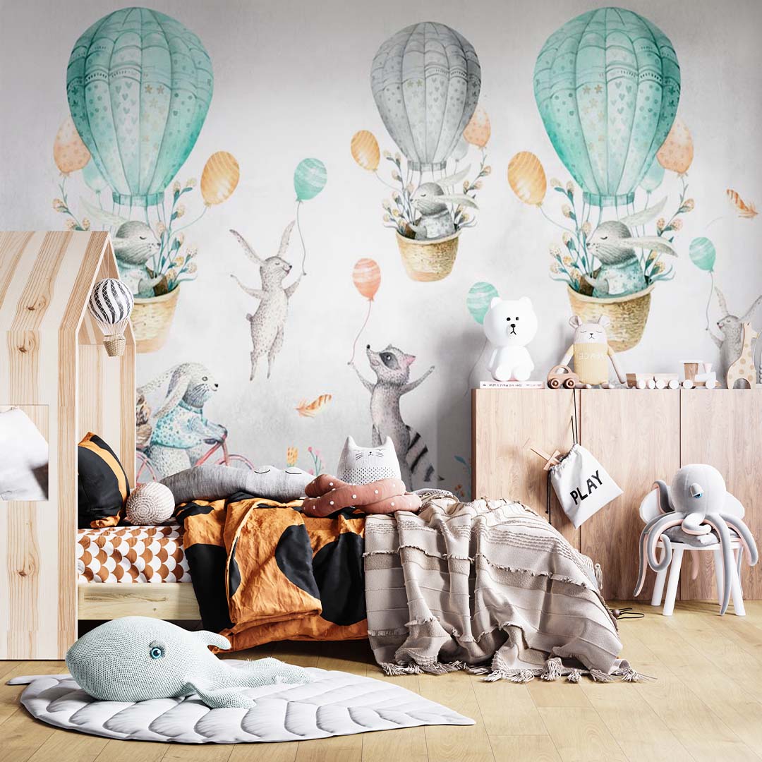 Kids Wall Mural Watercolor Forest Animals Turquoise Green Hot Air Balloons Wallpaper for Kids