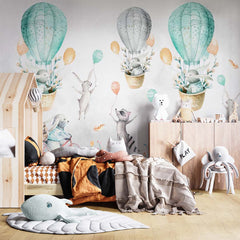 Custom "Kids Wall Mural Watercolor Forest Animals Turquoise Green Hot Air Balloons Wallpaper for Kids"