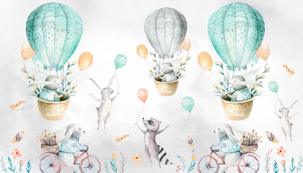 Papier peint montgolfières turquoise – Papier peint panoramique enfant animaux de la forêt