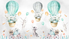 Custom "Kids Wall Mural Watercolor Forest Animals Turquoise Green Hot Air Balloons Wallpaper for Kids"