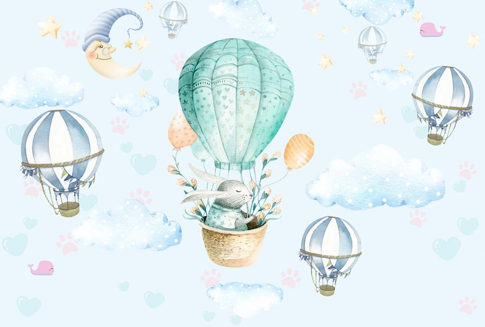 Kids Wall Mural Blue Sky Stars Turquoise Green Hot Air Balloons Wallpaper for Kids