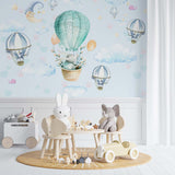 Kids Wall Mural Blue Sky Stars Turquoise Green Hot Air Balloons Wallpaper for Kids