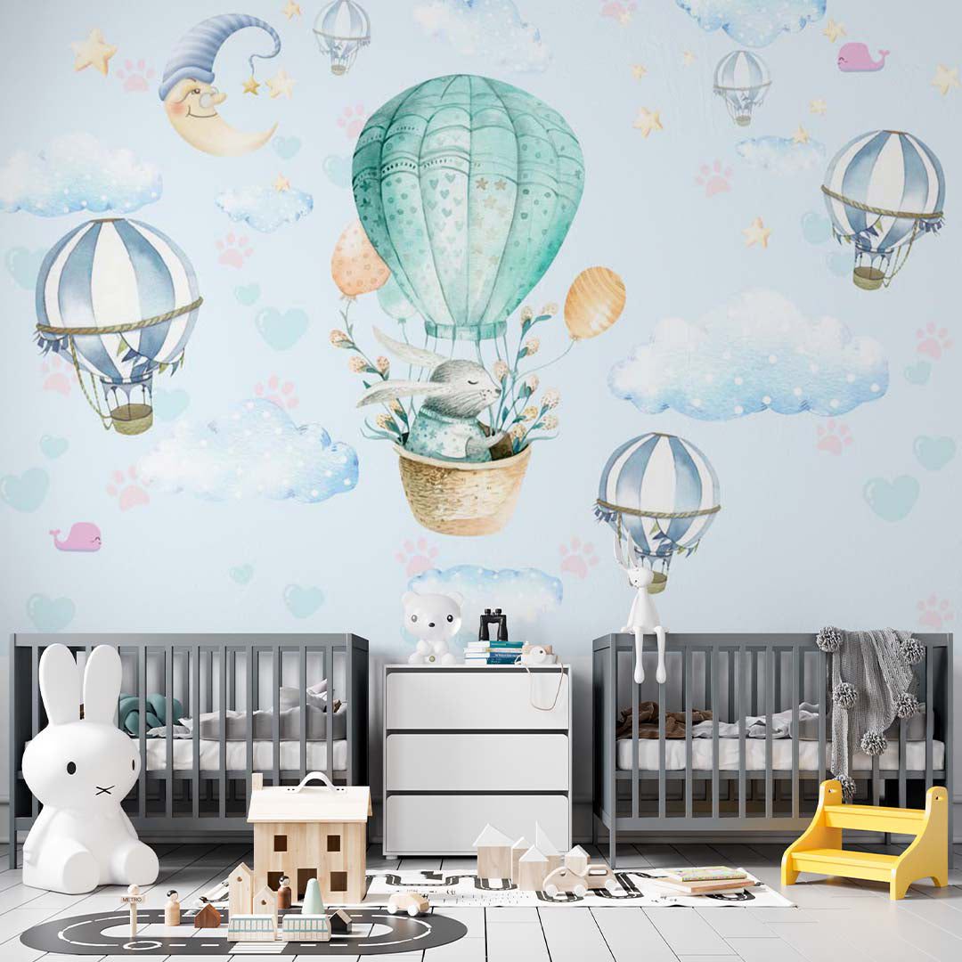 Kids Wall Mural Blue Sky Stars Turquoise Green Hot Air Balloons Wallpaper for Kids