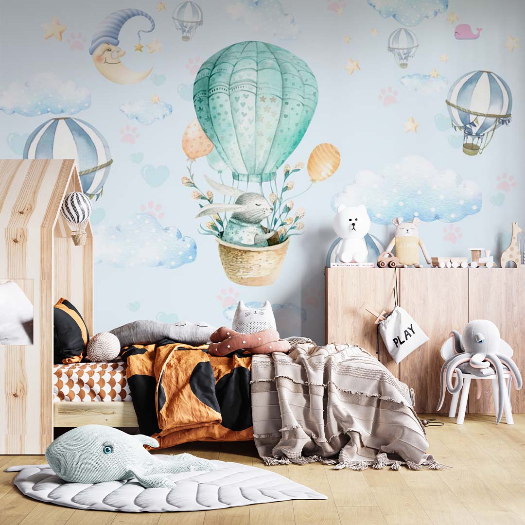 Kids Wall Mural Blue Sky Stars Turquoise Green Hot Air Balloons Wallpaper for Kids