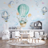 Kids Wall Mural Blue Sky Stars Turquoise Green Hot Air Balloons Wallpaper for Kids