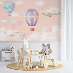 Custom Kids Wall Mural Watercolor Hot Air Balloons Sky Clouds Boho Wallpaper for Kids