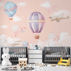 Custom Kids Wall Mural Watercolor Hot Air Balloons Sky Clouds Boho Wallpaper for Kids