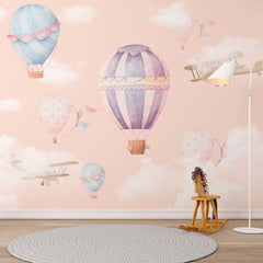 Custom Kids Wall Mural Watercolor Hot Air Balloons Sky Clouds Boho Wallpaper for Kids
