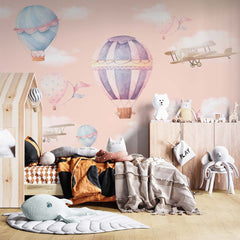 Custom Kids Wall Mural Watercolor Hot Air Balloons Sky Clouds Boho Wallpaper for Kids