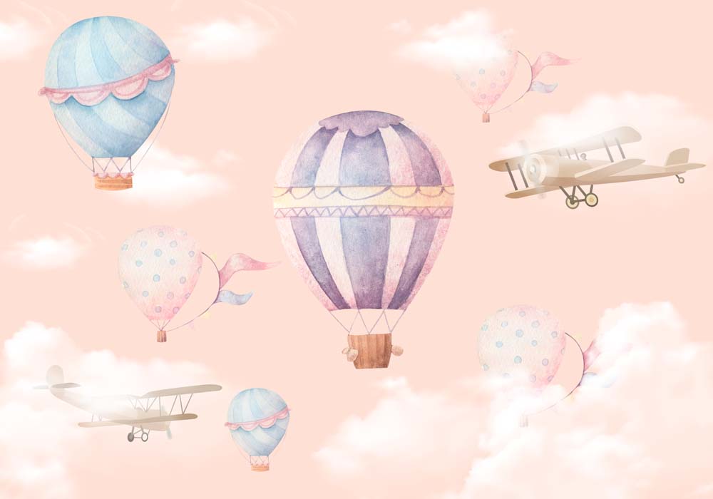 Boho-luchtballonnen – kinderfotobehang met perzikkleurige hemel