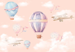 Custom Kids Wall Mural Watercolor Hot Air Balloons Sky Clouds Boho Wallpaper for Kids