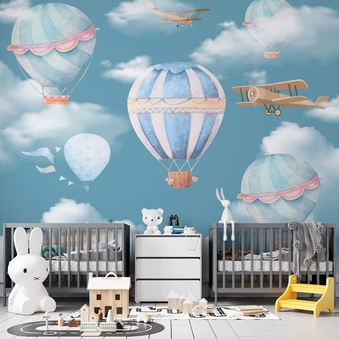 Kids Wall Mural Watercolor Hot Air Balloons Blue Sky Clouds Aircraft Wallpaper for Kids