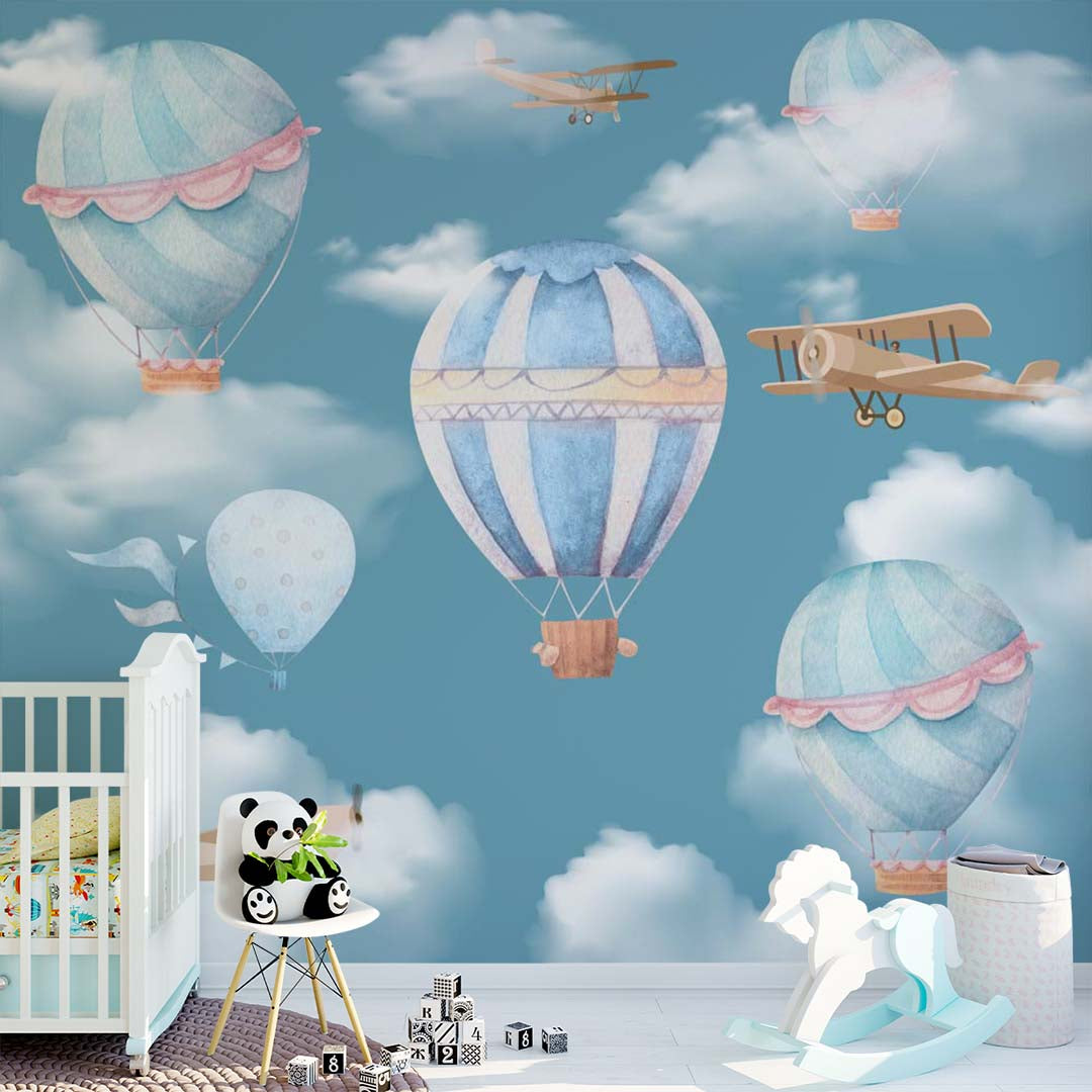 Kids Wall Mural Watercolor Hot Air Balloons Blue Sky Clouds Aircraft Wallpaper for Kids