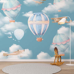 Custom Kids Wall Mural Watercolor Hot Air Balloons Blue Sky Clouds Aircraft Wallpaper for Kids