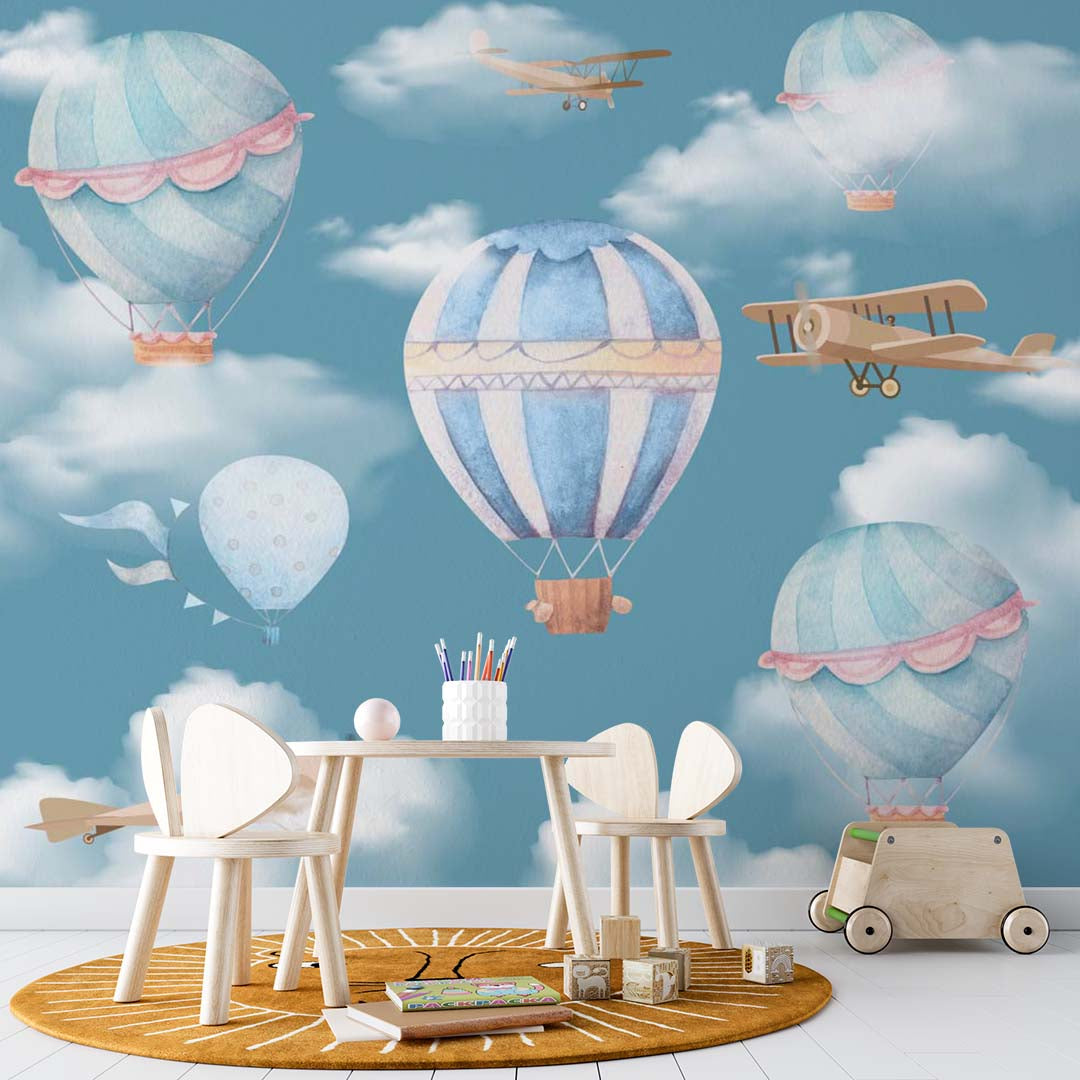 Kids Wall Mural Watercolor Hot Air Balloons Blue Sky Clouds Aircraft Wallpaper for Kids