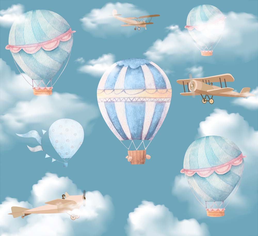 Luchtballonnen en vliegtuigen – kinderfotobehang met turquoise hemel