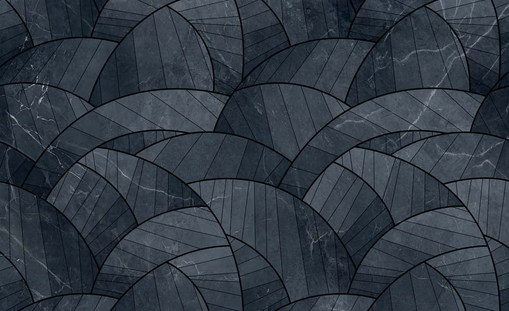Papier peint écailles de marbre bleu foncé – Papier peint panoramique motif d’éventails en pierre bleu marine