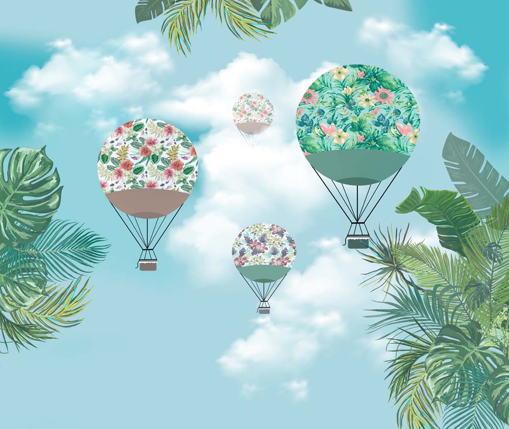 Kids Wall Mural Green Hot Air Balloons Sky Clouds Tropical Leaves Wallpaper for Kids