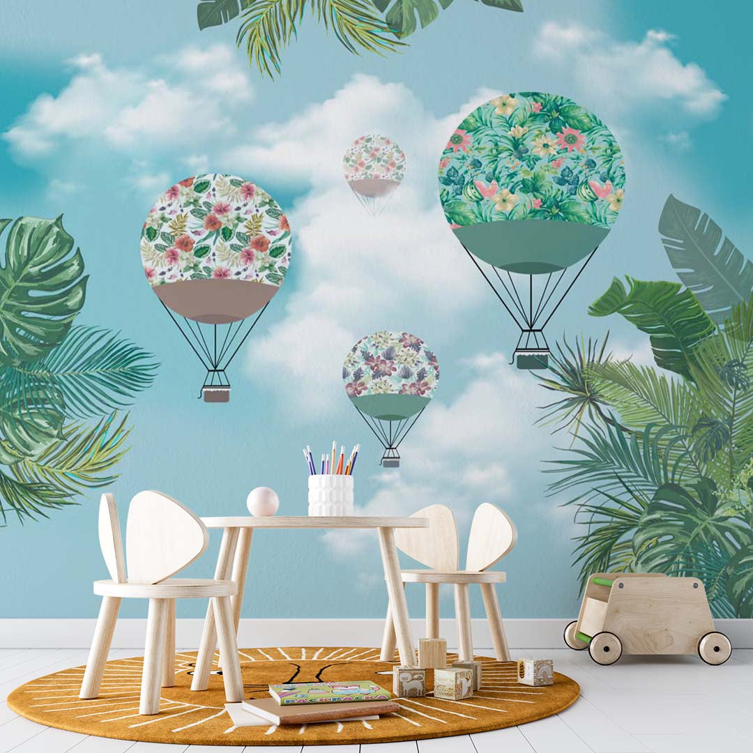 Kids Wall Mural Green Hot Air Balloons Sky Clouds Tropical Leaves Wallpaper for Kids