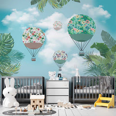 Custom Kids Wall Mural Green Hot Air Balloons Sky Clouds Tropical Leaves Wallpaper for Kids