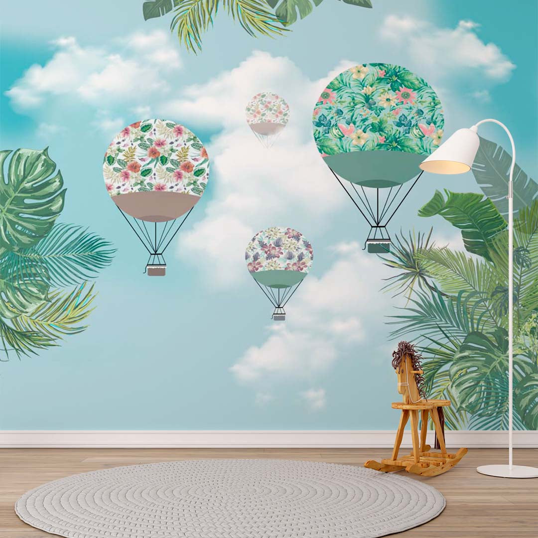 Kids Wall Mural Green Hot Air Balloons Sky Clouds Tropical Leaves Wallpaper for Kids