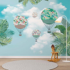 Custom Kids Wall Mural Green Hot Air Balloons Sky Clouds Tropical Leaves Wallpaper for Kids