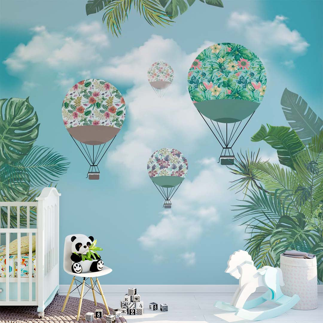 Kids Wall Mural Green Hot Air Balloons Sky Clouds Tropical Leaves Wallpaper for Kids