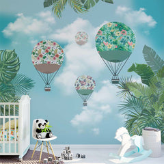 Custom Kids Wall Mural Green Hot Air Balloons Sky Clouds Tropical Leaves Wallpaper for Kids