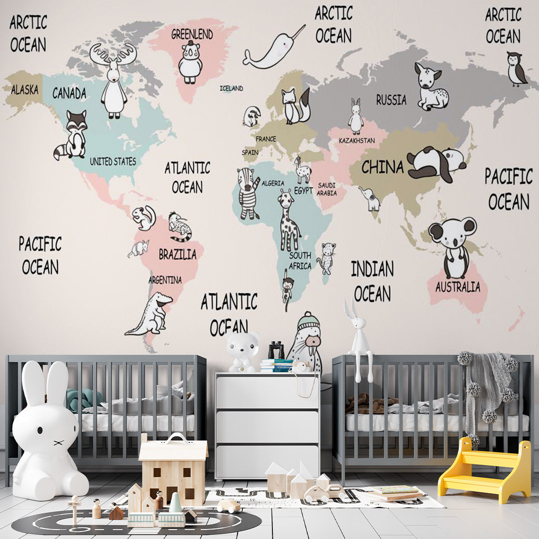 Cartoon Kids World Map with Animals Wall Mural Globe Wallpaper for Kids