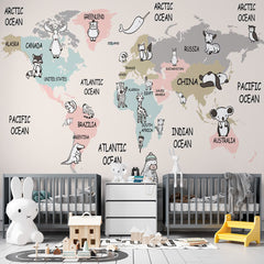 Custom Cartoon Kids World Map with Animals Wall Mural Globe Wallpaper for Kids