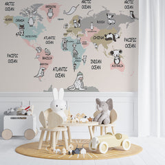 Custom Cartoon Kids World Map with Animals Wall Mural Globe Wallpaper for Kids