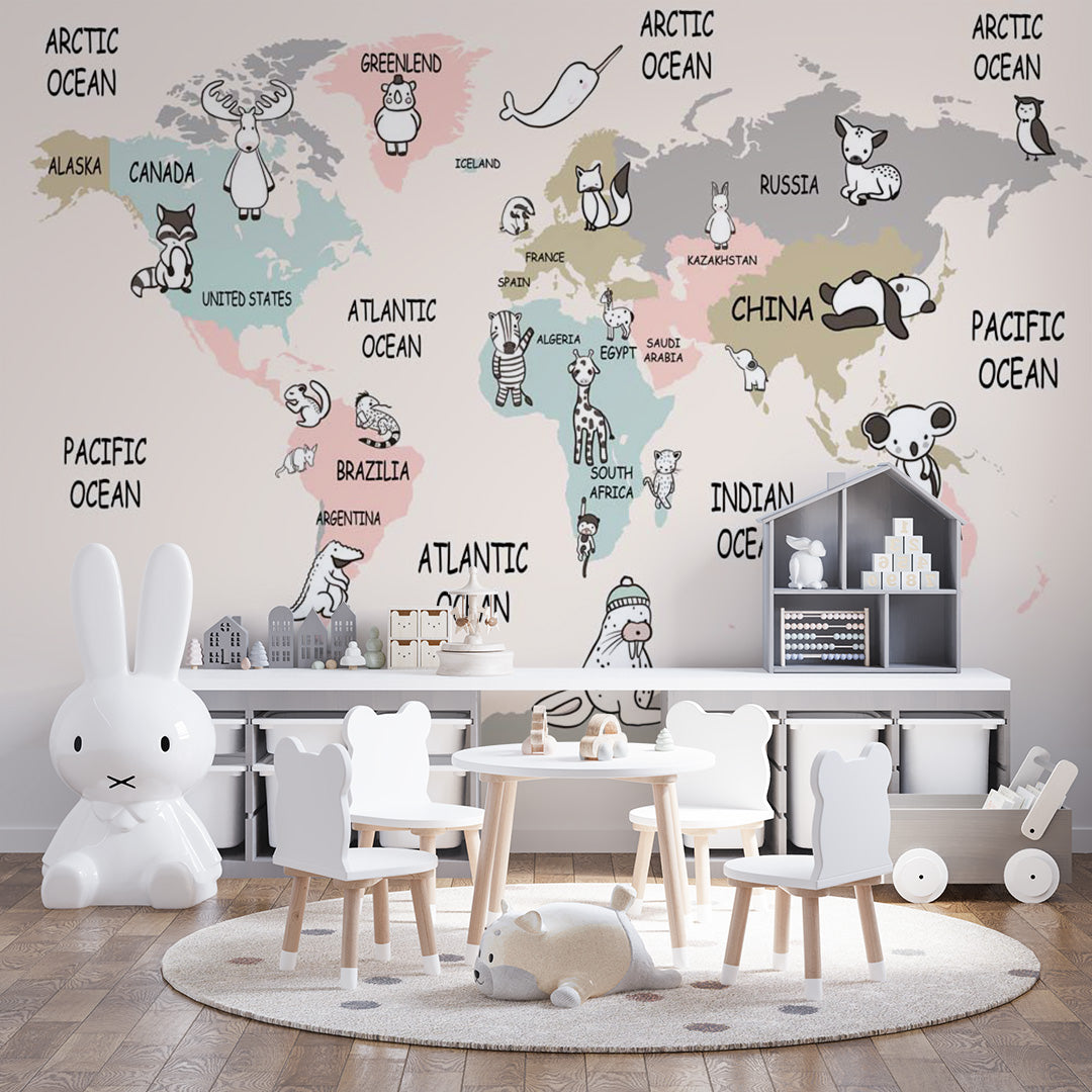 Cartoon Kids World Map with Animals Wall Mural Globe Wallpaper for Kids