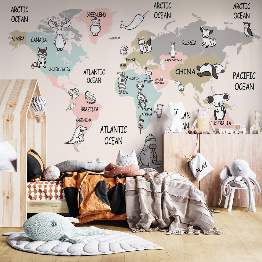 Cartoon Kids World Map with Animals Wall Mural Globe Wallpaper for Kids