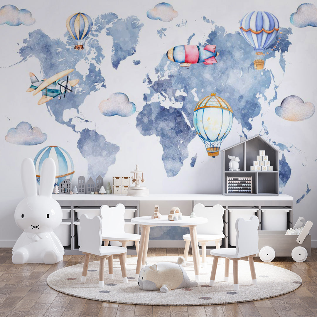 Watercolor Kids World Map Wall Mural Decals Posters for Girls Boys Baby Wallpaper for Kids