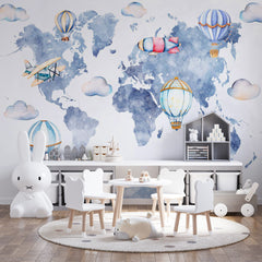 Custom Watercolor Kids World Map Wall Mural Decals Posters for Girls Boys Baby Wallpaper for Kids