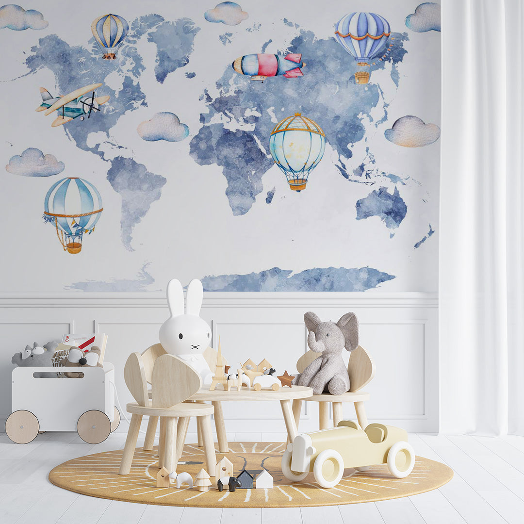 Watercolor Kids World Map Wall Mural Decals Posters for Girls Boys Baby Wallpaper for Kids