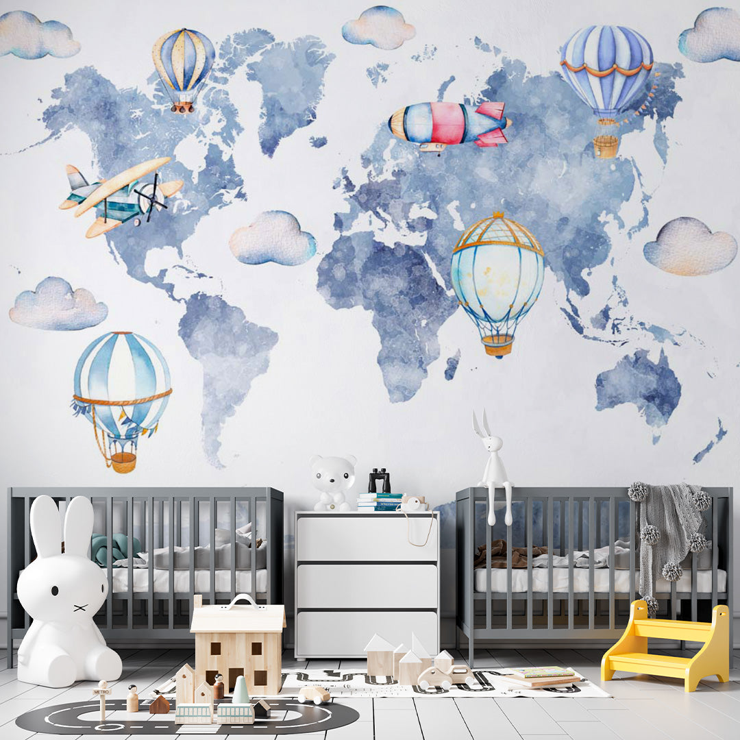 Watercolor Kids World Map Wall Mural Decals Posters for Girls Boys Baby Wallpaper for Kids