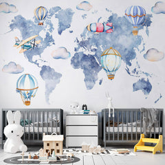 Custom Watercolor Kids World Map Wall Mural Decals Posters for Girls Boys Baby Wallpaper for Kids